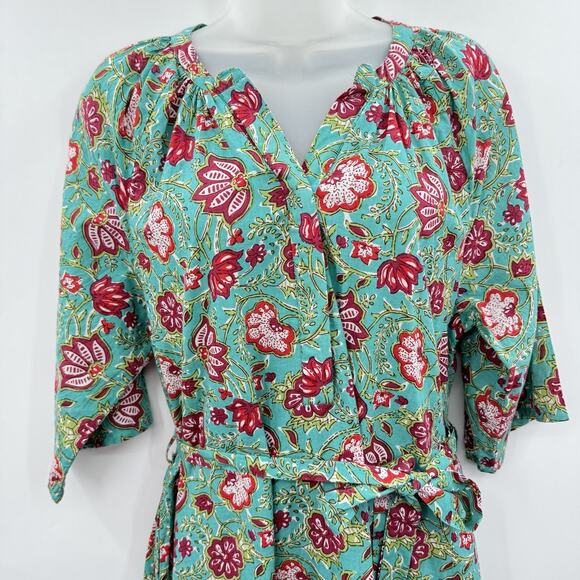 Maisie Tie Waist Midi Dress in Ethnic Floral Sz L Green Pink Boho Beachy Cotton - Picture 4 of 16